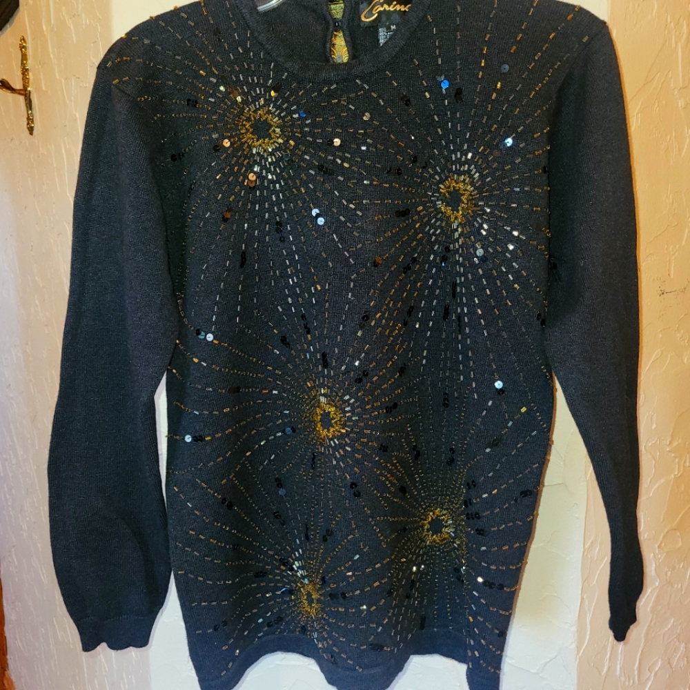 Heavily Beaded Starburst Black Sweater Size Medium Vintage
